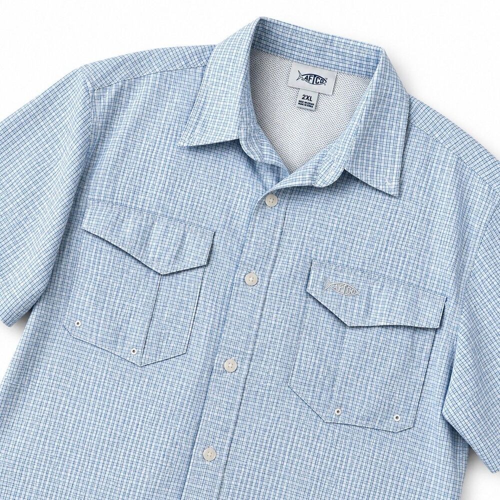 AFTCO Blue Plaid Vented Fishing Shirt Short Sleeve Outdoor Men's 2XL